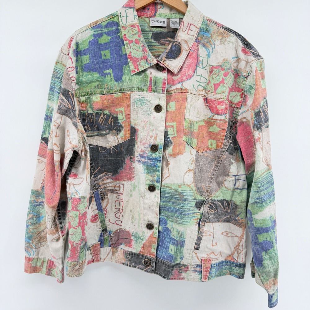 Chico's Vintage Graffiti Art Print Linen Cotton Jacket Multi Color Size 3 L XL